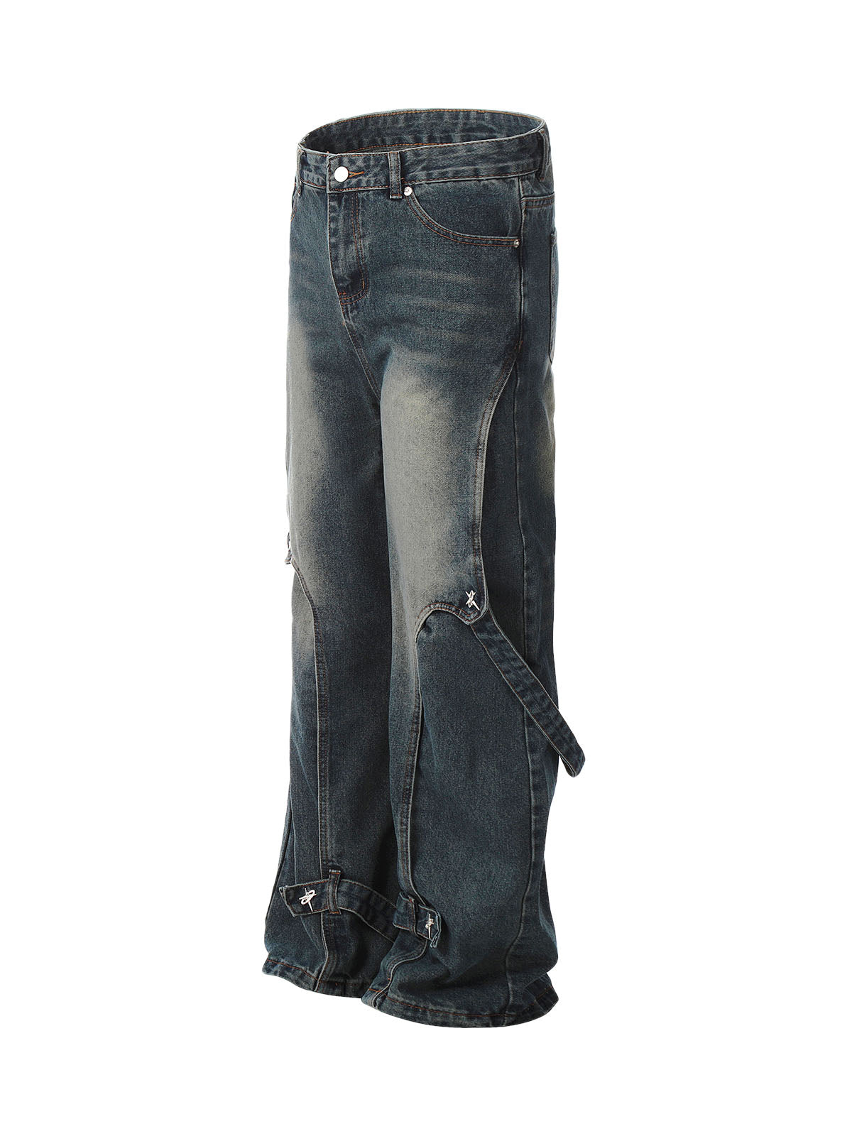 Verwaschene, dekonstruierte Split-Work-Jeans im Used-Look