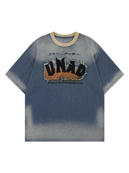 Distressed Washed Patchwork Gradient Denim T-shirt