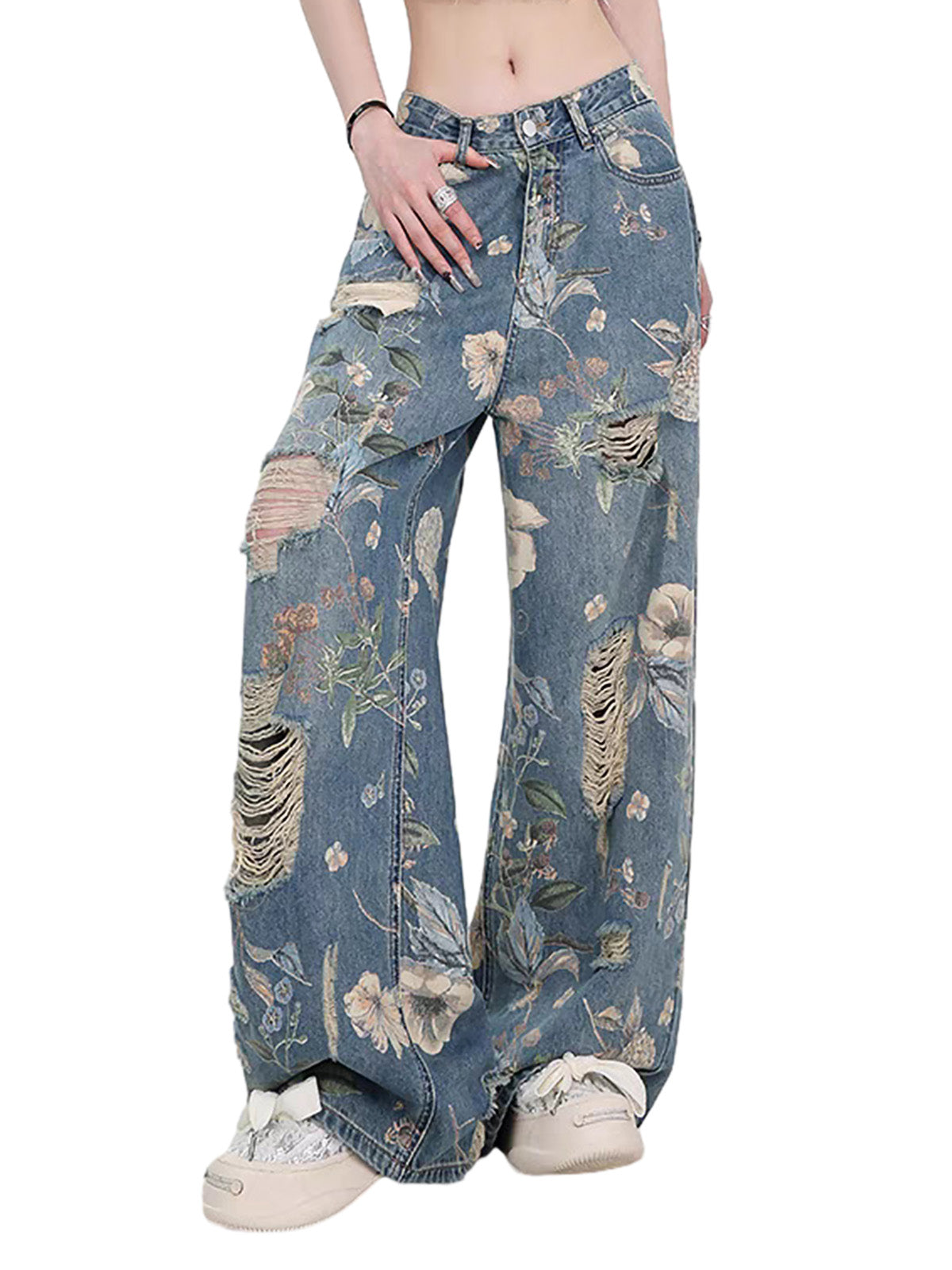 Vintage verwaschene Baggy-Jeans mit Blumenmuster und Rissen
