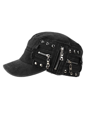 Washed Rivet Zipper Flat Top Cap