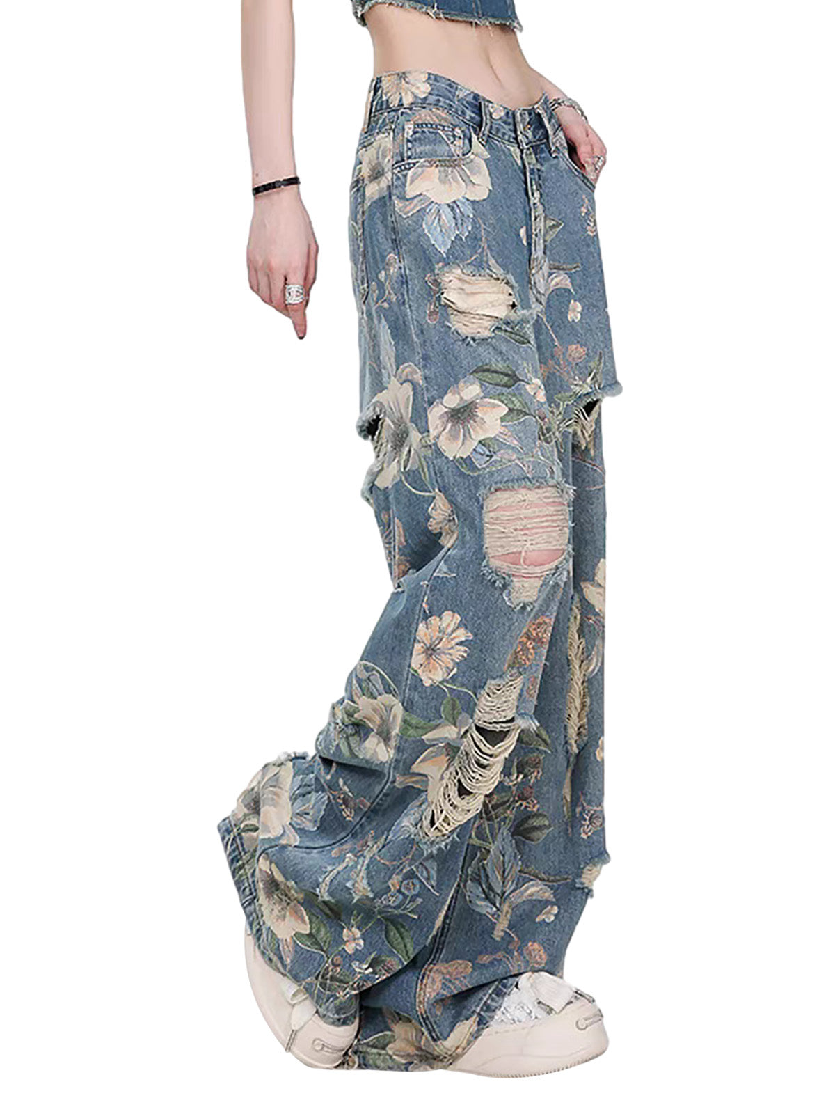 Vintage verwaschene Baggy-Jeans mit Blumenmuster und Rissen