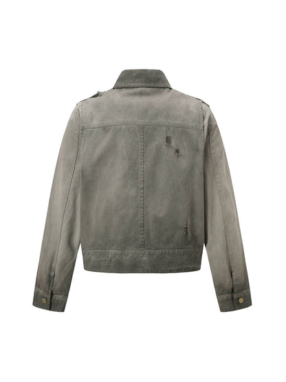 Distressed-Jeansjacke mit unregelmäßigem Reißverschluss