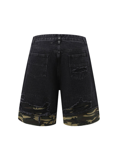 Thesupermade Patchwork Camouflage Ripped Shirt Jorts Denim Suit