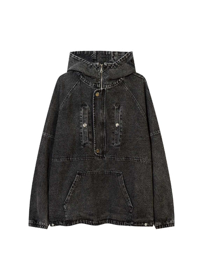 Verwaschenes Denim-Sweatshirt mit Kapuze und Metallreißverschluss im Used-Look