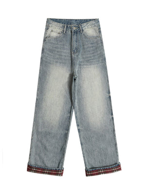 Vintage Washed Plaid Baggy Jeans