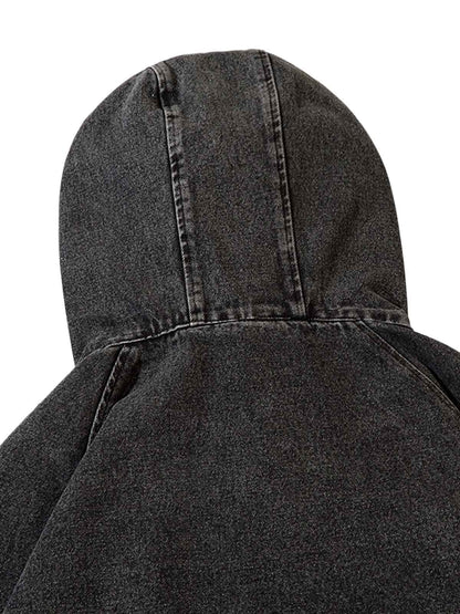 Verwaschenes Denim-Sweatshirt mit Kapuze und Metallreißverschluss im Used-Look