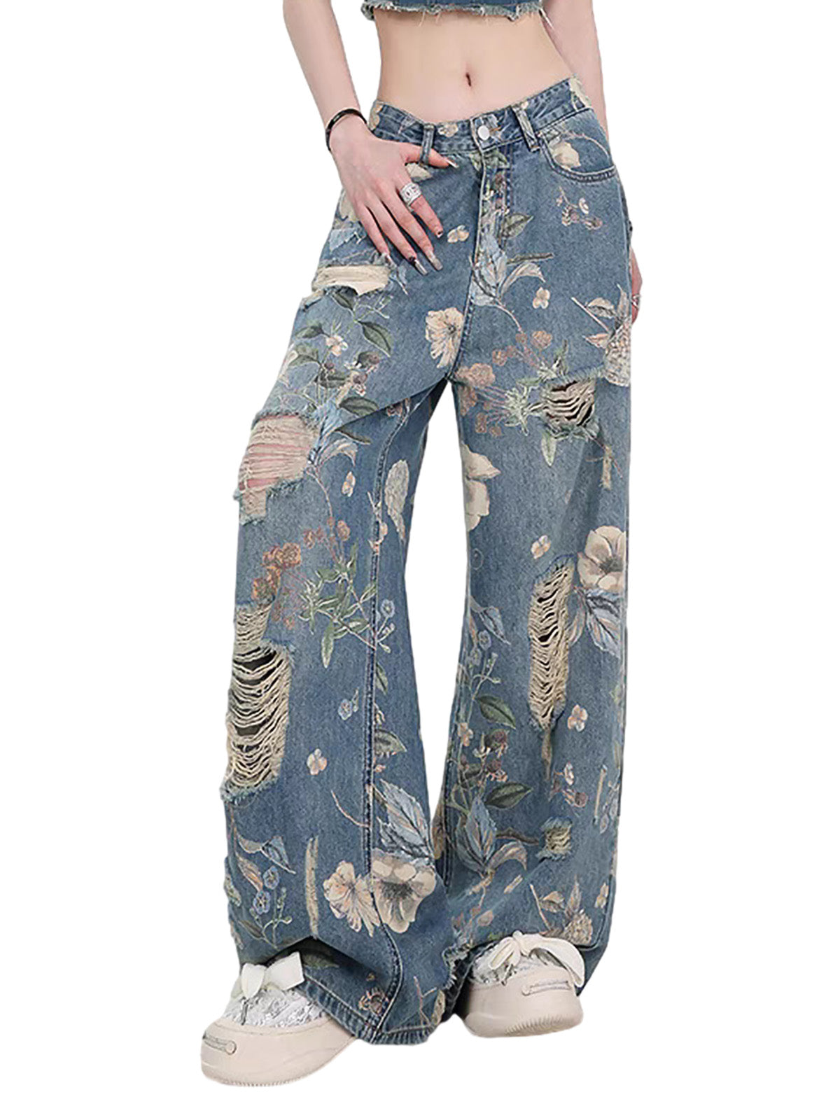 Vintage verwaschene Baggy-Jeans mit Blumenmuster und Rissen