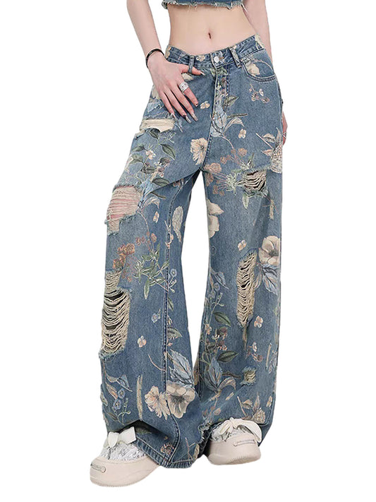 Vintage verwaschene Baggy-Jeans mit Blumenmuster und Rissen