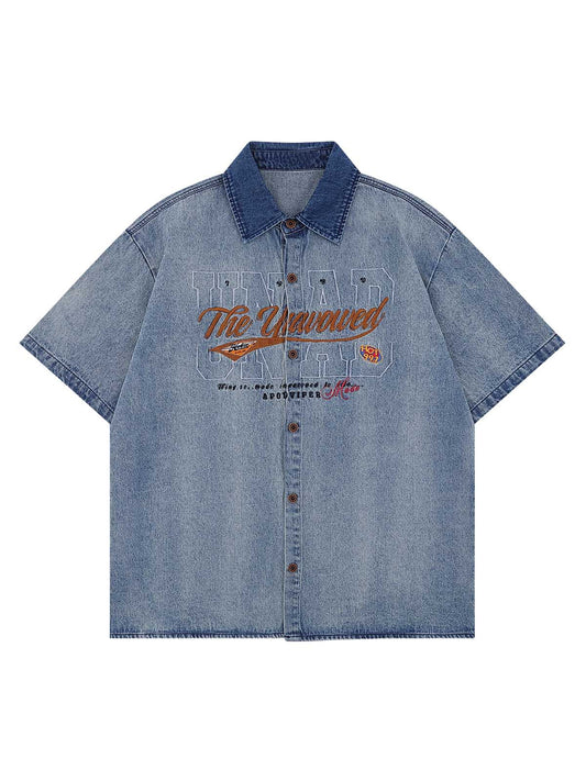 Vintage Letter Embroidery Short Sleeve Denim Shirt