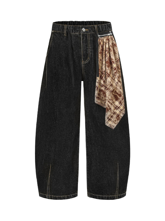 Baggy-Jeans mit Patchwork-Karomuster und Falten - 2334
