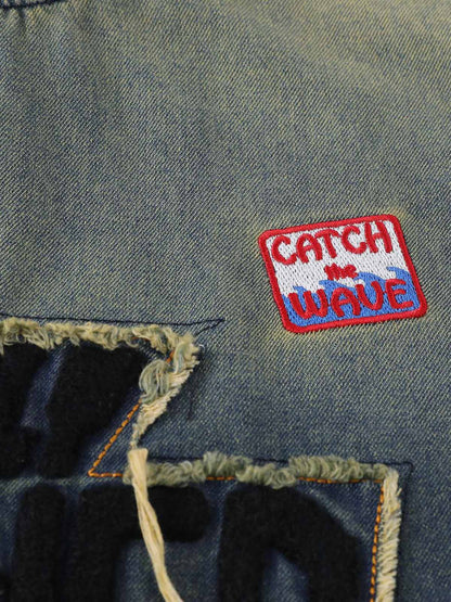 Distressed Washed Patchwork Gradient Denim T-shirt