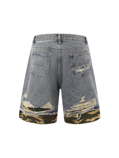Thesupermade Patchwork Camouflage Ripped Shirt Jorts Denim Suit