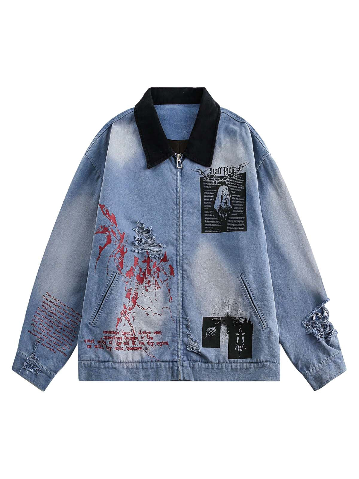Zerrissene, verwaschene Jeansjacke mit Reißverschluss und Graffiti-Print