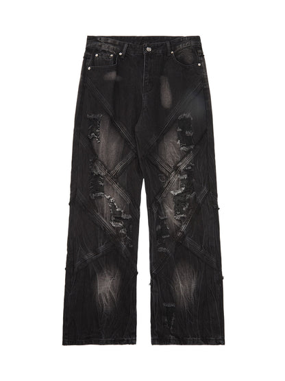 Thesupermade – stark verwaschene, zerrissene Hip-Hop-Jeans mit karierten Nähten – 2174