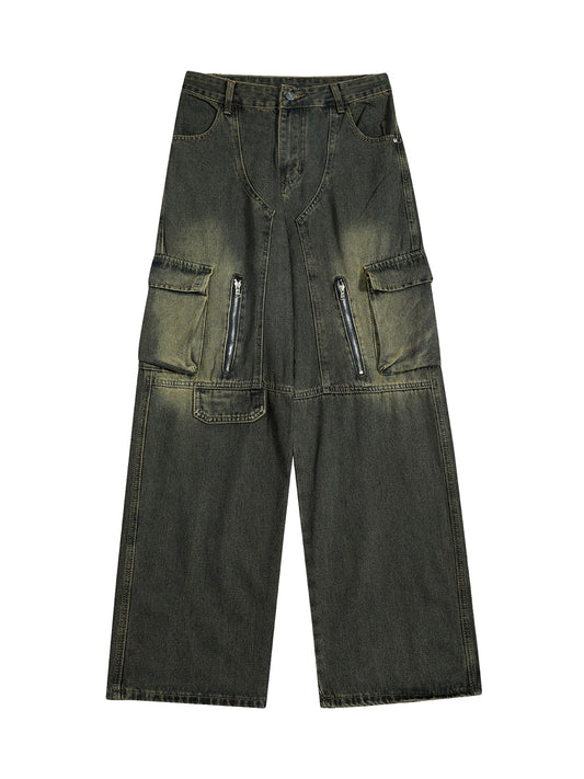 Amerikanische verwaschene Retro-Workwear-Jeans mit mehreren Taschen im Distressed-Look