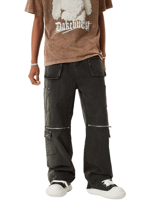 Thesupermade verwaschene Hip-Hop-Jeans mit mehreren Taschen und Reißverschlussdesign – 2112 